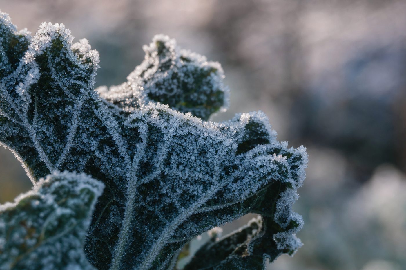 Frost on a garden bed at dawn, rimed leaves against dark soil.