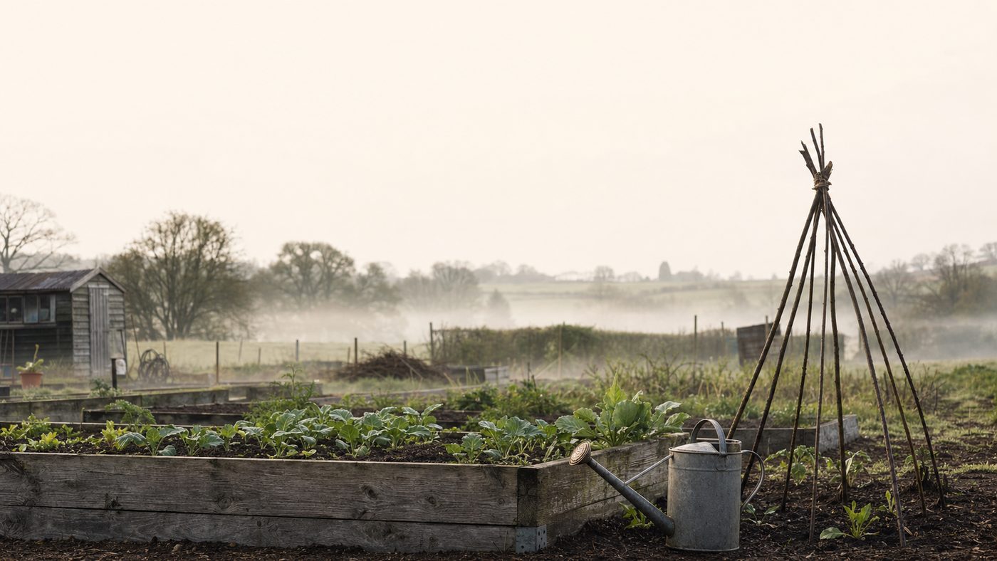 A British allotment bed in soft morning light, with rows of young vegetables and a wooden path.