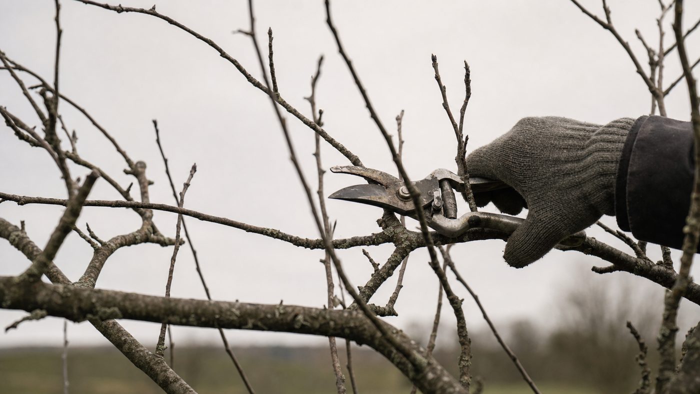 Secateurs and a pruned shrub in a winter garden.
