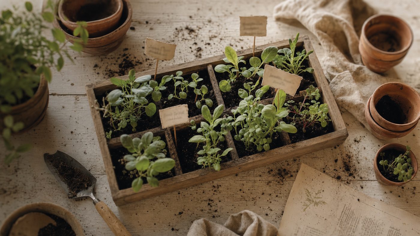 Seedlings in terracotta pots on a wooden bench, warm light.